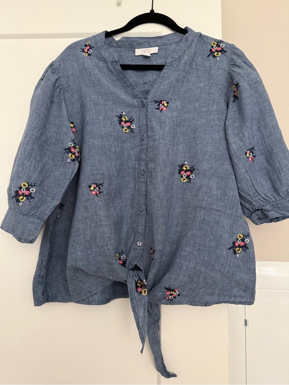Charter Club Linen Floral Embroidered Tie-Front Blouse - XL